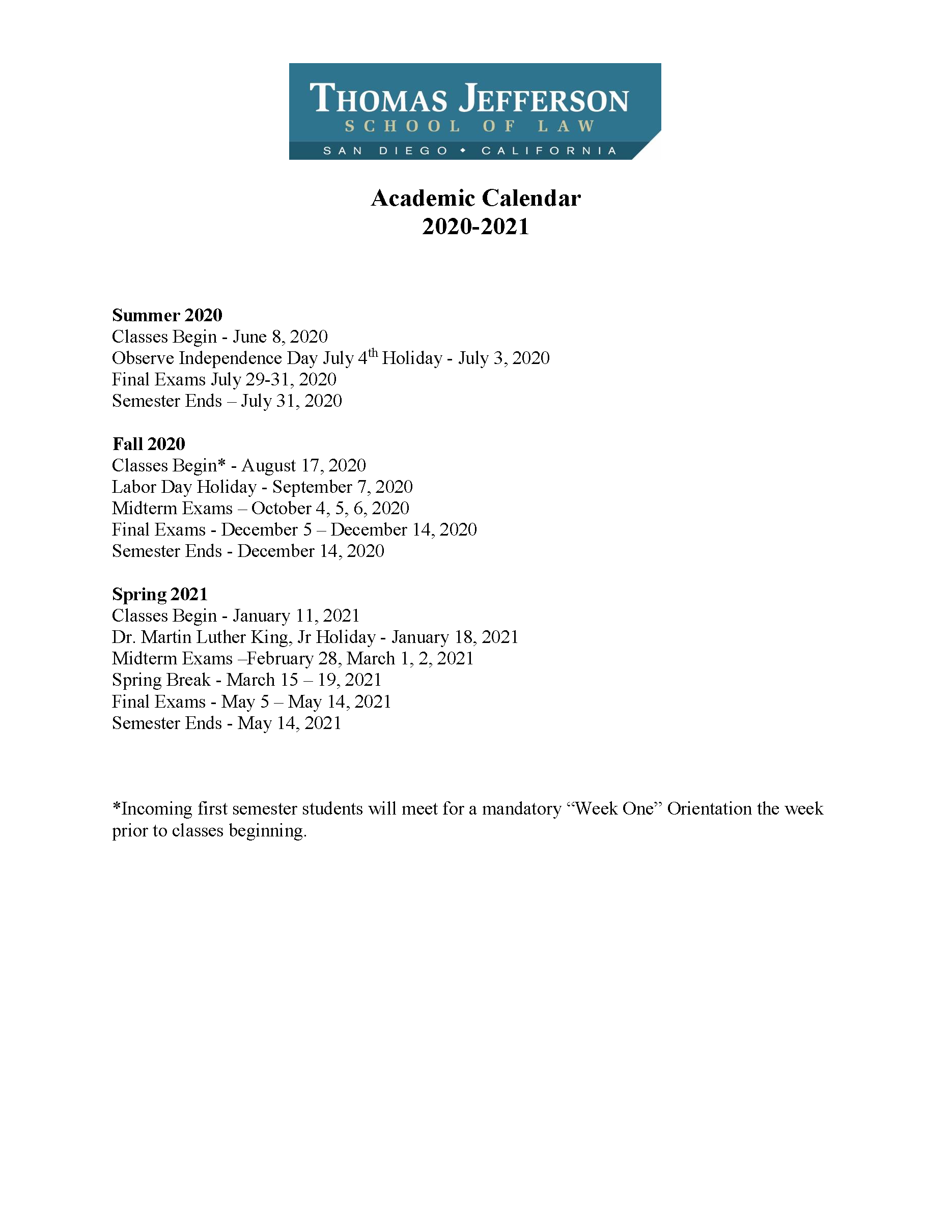 Academic Calendar Thomas Jefferson School of Law